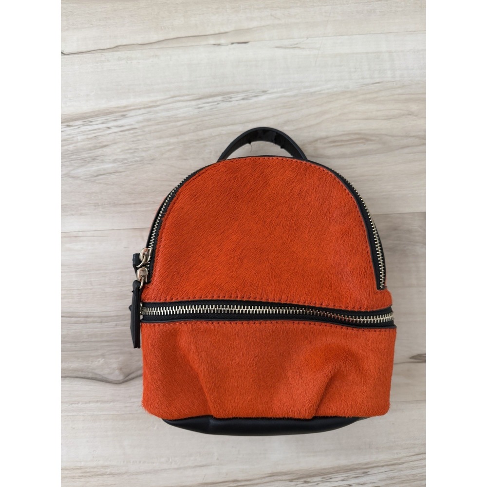 Zara Backpack Purse Cowhide Orange Fur Mini Double Zip Gold Hardware Black Trim